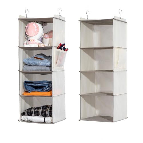 2 Packs Hanging Closet Organizer, 4-Shelf Closet Organizers and Storage with Side Pockets, Collapsible Hanging Shelves for Closet & RV & College Dorm,Beige - color: Beige, size: 2 # 4 Shelves
