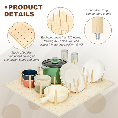 Kigley 3 Pcs Wood Pegboard Drawer Organizer with 32 Pegs Wooden Peg Board Drawer Shelf Organizer Adjustable Peg System for Dishes Plate Pot Container Cookware Utensil Kitchen(20.98 x 5.91 in) - size: 20.98 x 5.91 in