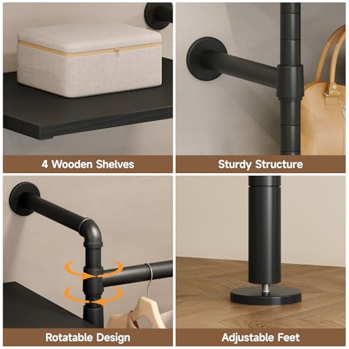 ONBRILL T2 Wall Mounted Industrial Pipe Clothing Rack, Closet Organizers and Storage System with 2 Drawers, 6 Wooden Shelves & 4 Expandable Rods, Heavy Duty Garment Rack, Wardrobe (Black)) - color: Black