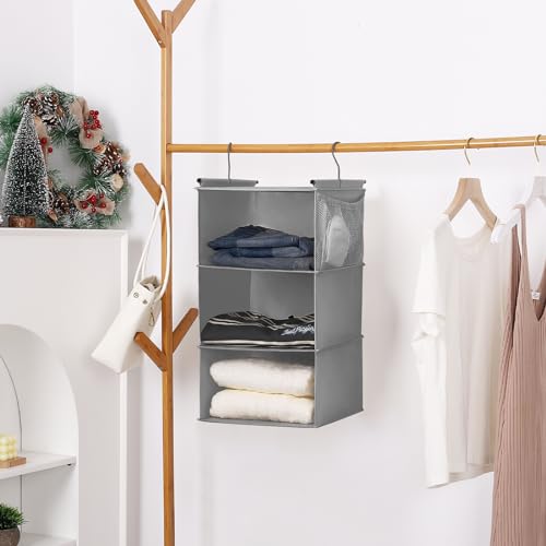 MAX Houser 3 Tier Shelf Hanging Closet Organizer, Space Saver,Closet Hanging Shelf with 2 Sturdy Hooks for Storage, Foldable (Grey) - color: Ashy