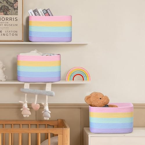 Baskets for Organizing,Storage Baskets,3 Pack Baskets for Shelfves,15"×10"×9" Woven Rainbow Basket,toy storage bins,bins for organization - color: Pastel Rainbow