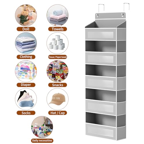 Over The Door Organizer, Over the Door Storage with 5 Large 10 Side Pockets, Hanging Door Organizer 44 lb Load Behind Door Storage, Hanging Shelf for Closet Wall Bedroom Bathroom Nursery, 5-Tier Grey