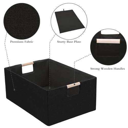 Foldable Fabric Storage Baskets Set of 2 for Shelves, Linen Decorative Storage Bins with Wooden Handles, Small Organizer Cubes for Closet, Rectangle Canvas Boxes for Organizing, Decor (Black 2 Pack) - color: Black 2 Pack