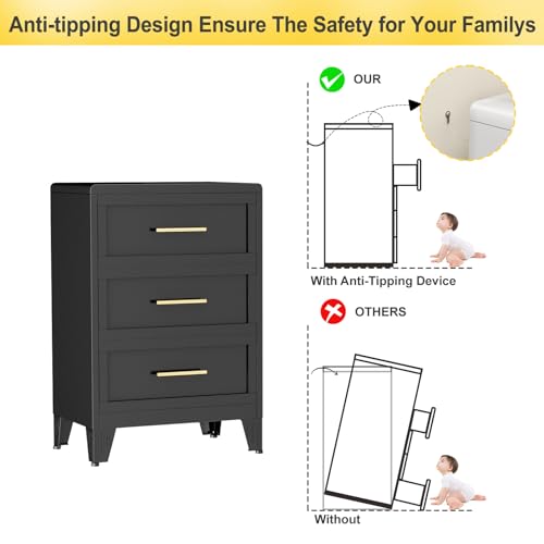 3 Drawers Tall Black Dresser for Bedroom, 35.43" Metal Dressers & Chests of Drawers Curved Corner Design, Storage Organizer Drawer Chest with Large Capacity for Living Room, Entryway, Hallway - color: Black, style: Narrow Style/3 Drawers