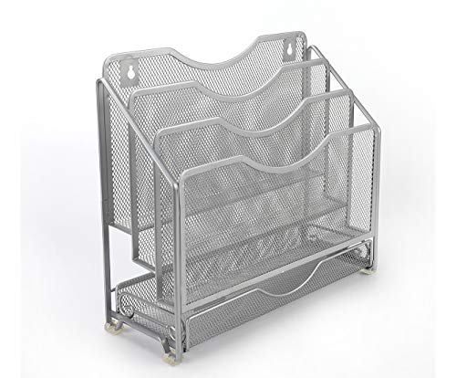 EasyPAG Mesh Desk Paper Organizer Wall Hanging File Holder with 3 Upright File Rack and Sliding Drawer,Silver - color: Silver