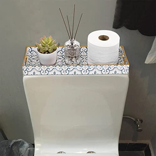 MAONAME White Decorative Tray, Plastic Serving Tray with Handles, Rectangular Moroccan Trays, Long Narrow Trays for Bathroom, Kitchen Counter, 13.8" X 6" X 1.57" - color: White-moroccan
