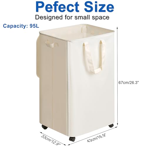 Vincona Slim Laundry Hamper with Lid and Wheels, Small Rolling Laundry Basket with Handle for Small Spaces, Tall Dirty Clothes Hampers for Dorm, Bathroom and Bedroom, 95L, Beige - color: Beige, size: 95L