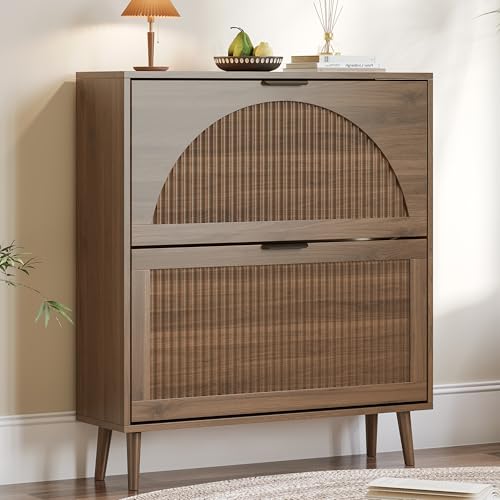 BORNOON Shoe Cabinet for Entryway with 2 Flip Drawers, Slim Wooden Shoe Storage Organizer with Modern Fluted Pannel，Freestanding Narrow Hidden Shoe Rack for Hallway, Foyer, Living Room - color: Walnut, size: 2 Flip Drawers
