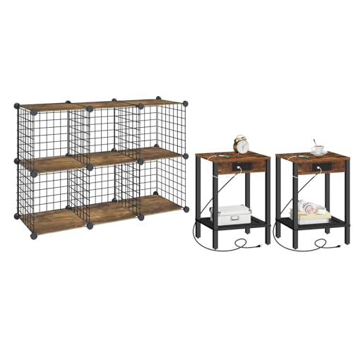 HOOBRO Side Table with Charging Station and Wire Cube Storage Organizer, Set of 2 End Table, 6-Cube Shelves, Modular Shelves with Metal Grid, DIY Closet Cabinet, BF91UBZP201-BF06CW01