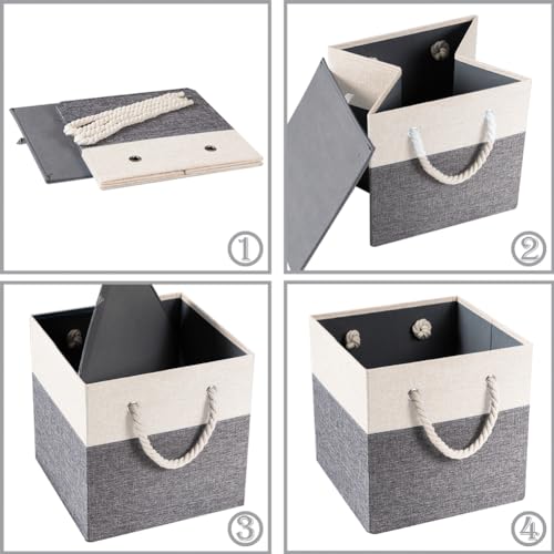 PRANDOM Large Foldable Cube Storage Bins 11x11 inch [2-Pack] Fabric Linen Storage Baskets Cubes Drawer with Cotton Handles Organizer for Shelves Nursery Closet Bedroom White and Grey - color: White and Grey, size: 11x11 inch(2-Pack)
