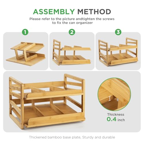 Bamboo Rolling Can Organizer for Pantry, Stackable 2 Tier Canned Food Organizer Rack for Storage, Kitchen Cabinet, Can Holders Dispensers for Pantry Up To 27 Cans