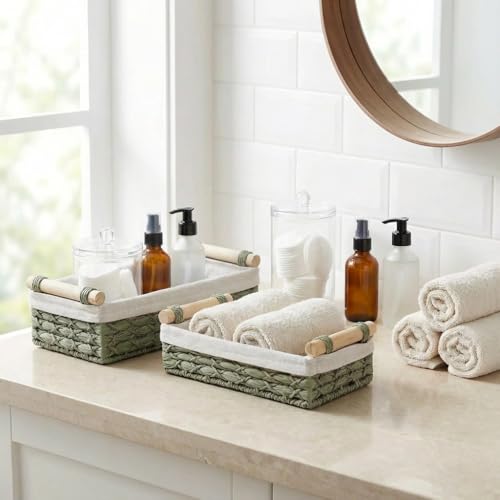 Set of 2 Green Bathroom Basket Organizers with Liner, Paper Rope Wicker Storage Baskets for Shelves, Bathroom Counter & Vanity, Wooden Handles for Towels & Toiletries - color: Green