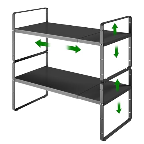 Expandable Cabinet Organizer Shelf, Adjustable Height Organizer Riser for Kitchen Cabinet Spice Rack Locker Pantry Cupboard Under Sink Countertop Desk Organization Metal Stackable Shelves - color: Black-2pack