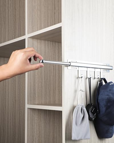 BaiNong 12 inch Valet Rod for Closets Pull Out Closet Valet Rod Slide Out With 4 Hooks Silver Pull Out Clothes Hanger - color: Silver, size: 12 Inch