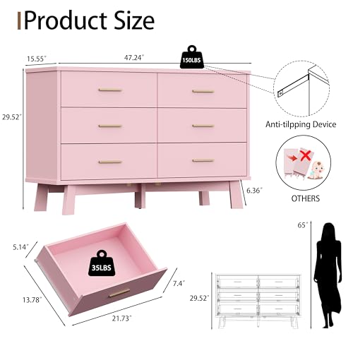 Xixini Dresser for Bedroom, 6 Drawer Wide Modern Chest of Drawers with X-Shaped Sturdy Base, Wood Double Dresser Closet Clothes Storage Organizer, Wooden TV Stand for Living Room, Hallway, Pink - color: Pink, size: 15.6"D x 47.2"W x 29.5"H (6 Drawers)
