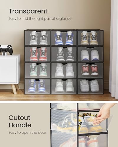 SONGMICS Shoe Boxes, Shoe Storage Organizers Rack for Closet, Plastic Stackable Sneaker Containers Case, 12 Pack, Transparent and Ink Black ULSP312B01 - color: Transparent + Ink Black, size: 12 Count Fit Size 11