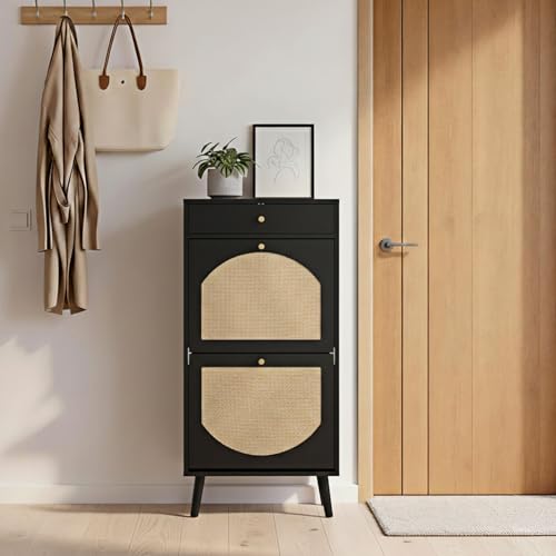 Karl home Shoe Rack Storage Organizer, Rattan-Panel 1-Drawer 2-Tilt-Out Shoe Storage Cabinet, Hidden Shoe Storage for Entryway,Ideal for Heels,Slippers,Casual Shoes,Black - color: Black, size: 1-Drawer 2-Tilt-Out