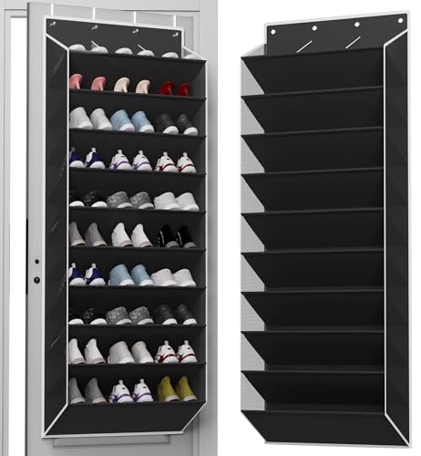 TAHAVICE 10-Tier Large Size Over The Door Shoe Organizer, Holds 30 Pairs Hanging Shoe Rack with Deep Pockets for Closet, Space-Saving Storage for Sneakers, Boots (Black) - color: Black