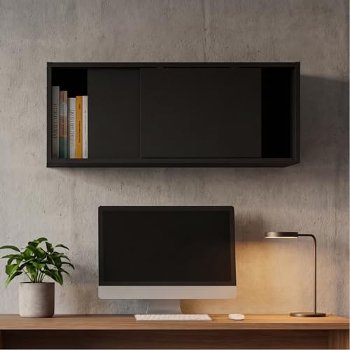 Tuhome Note 32-Inch Wide Wall Mounted Storage Cabinet with Sliding Doors, Compact Hanging Organizer for Bedroom, Living Room, Home Office & Garage | Wood Wall Cupboard, Space-Saving Storage Solution - color: Dark Wenge