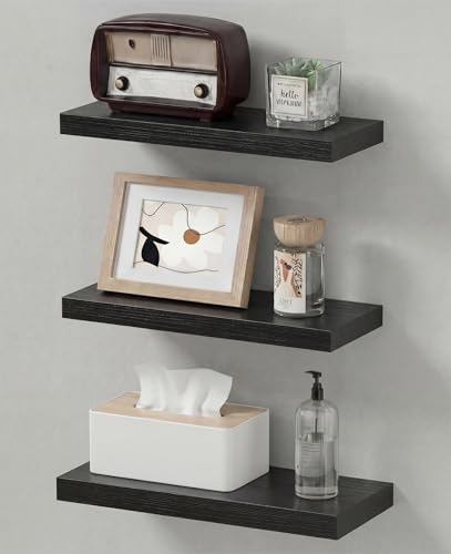 Easy Install Floating Shelves, Wall Mounted Wood Shelf,Hanging Shelf for Home Decor, Books and Storage, Small Organizer for Bedroom, Bathroom, Kitchen, 15.7 Inch Set of 3, Black - color: Black, size: 15.7IN