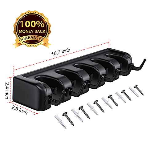LETMY Broom Holder Wall Mount - Mop and Broom Hanger Holder - Garage Storage Rack & Garden Tool Organizer - 5 Position 6 Hooks Broom Rack for Home, kitchen, Garden, Tools, Garage Organization - Black - color: Black