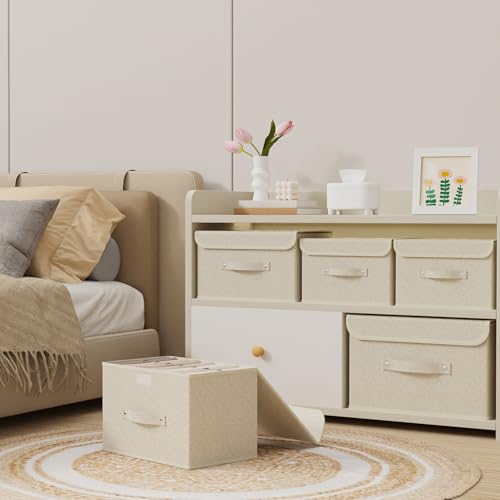 Fabric Storage Bins Cube Organizers with Flip-Top Lid and Handles,Storage Boxes for Organizing Home,Office,and Closet,Grey and Beige,3 Pack 13 X 9.1 X 7.9 in - color: Beige/Gray, size: 13x9.1x7.9in(3-pack)