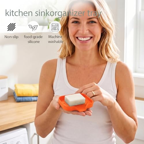 MicoYang Silicone Bathroom Soap Dishes with Drain Spout-Bathroom and Kitchen Sink Organizer,Sponge Holder,Dish Soap Tray,Perfect for Dispenser,Scrubber,Bottle,Cup on Sink or Counter-Orange 4.9"×3.2" - color: Orange, size: S(4.9"×3.2")