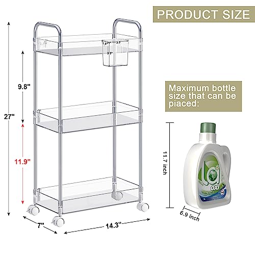 SPACEKEEPER 3 Tier Acrylic Storage Rolling Cart Clear Bathroom Cart Organizer, Transparency Laundry Room Organization Mobile Shelving Unit Multifunction Rolling Utility Cart for Office Living Room - size: 3 Tier