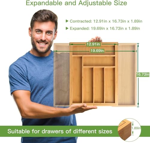 Pipishell Bamboo Expandable Silverware Drawer Organizer, Adjustable Kitchen Utensil Tray for Forks, Spoons and Knives, Wood Storage Cutlery Holder for Bedroom and Living Room - color: Natural, size: Large