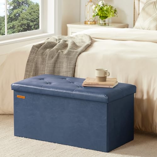 HAUSFRAU - Storage Ottoman Bench, 30 Inches Button Tufted Upholstered Ottoman Footstool with Storage for Living Room Bedroom Entryway, Load 660 lb, Synthetic Leather, Navy Blue - color: Navy Blue, size: 15"D x 30"W x 15"H