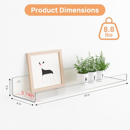 upsimples 6 Pack Acrylic Shelves for Wall Storage, 15" x 4“ Floating Bookshelves for Kids, Display Shelf Organizer for Bathroom, Bedroom, Living Room, Kitchen, Room Decor, Clear - size: 15x4"