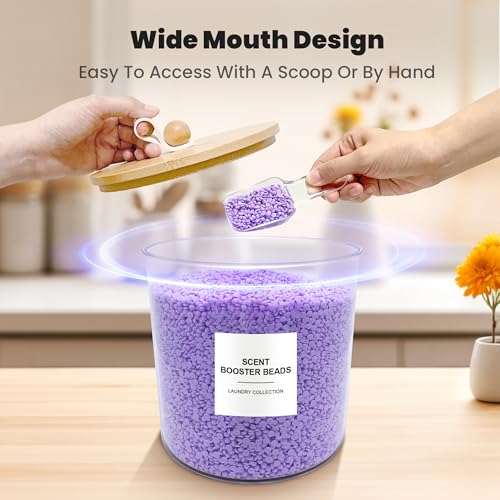 2 Pack Laundry Pods Container,Laundry Room Organization and Storage Jars,Laundry Detergent Container for Powder,Pods,Scent Booster,with Non-Slip PU Leather Pad and Handle,Bamboo Lids,Labels and Scoops - size: 6.4" x 6.5" x 6.5"