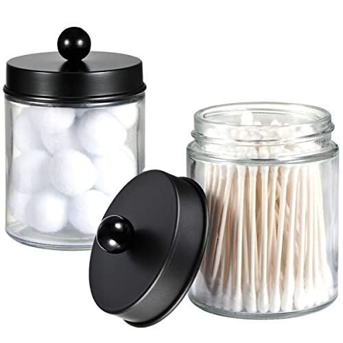 Amolliar 4 Pack Apothecary Jars Bathroom Vanity Storage Organizer Set -Countertop Canister with Stainless Steel Lids &Cute Stickers - Qtip Dispenser Holder for Qtips,Cotton Swabs,Makeup Sponges(Black) - color: Black