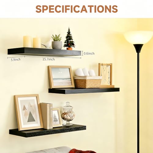 LifetimeWarranty Easy Install Floating Shelves,15.7" Wall Mounted Wooden Shelves, Small Wall Shelves for Storage&Wall Decor,Living Room,Kitchen,Office,Corner Shelf for Photo Book Plants,Set of 3 Black - color: Black Floating