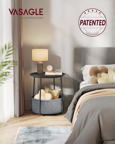 VASAGLE LILEA Collection - Small Round Side End Table, Modern Nightstand with Fabric Basket, Ebony Black and Slate Gray ULET223B01 - color: Ebony Black + Slate Gray, size: Round + 1 pack