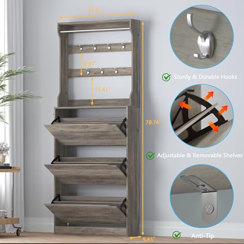 BORNOON Shoe Cabinet with 3 Flip Drawers & Coat Rack, Narrow Hidden Shoe Storage Cabinet, 2-in-1 Hall Tree Slim Freestanding Shoe Rack Organizer for Entryway, Hallway, and Living Room - color: Grey, size: 3-Drawer with Rack