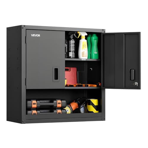 VEVOR Metal Wall Cabinet, 30W x 12.01D x 30H Inch, Steel Floating Hanging Storage Cabinet with Locking Doors and Adjustable Shelf for Garage, Basement, Kitchen, Warehouse Assembly Required, Black - style: Foldable 30" Open Grid