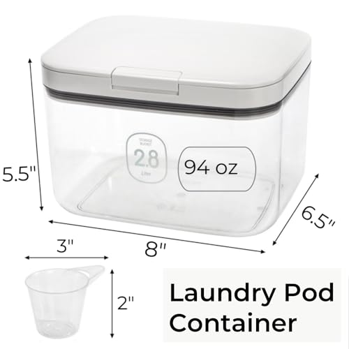 Tlence 94 OZ/2.8L Laundry Pods Container, One-Press Lid Laundry Powder Holder Dispenser, Clear PET Detergent Sheet Organizer with Measuring Cup for Booster Beads, Dryer Balls, Flour, Pet Food