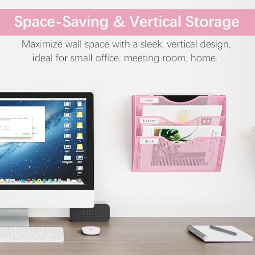 EasyPAG 3 Pocket Mesh Wall File Organizer, Hanging Paper Folder Holder with Classify Label, Vertical Wall Mount Mail Organizer for Office Home Classroom, Pink - color: Pink, size: 3 Tier