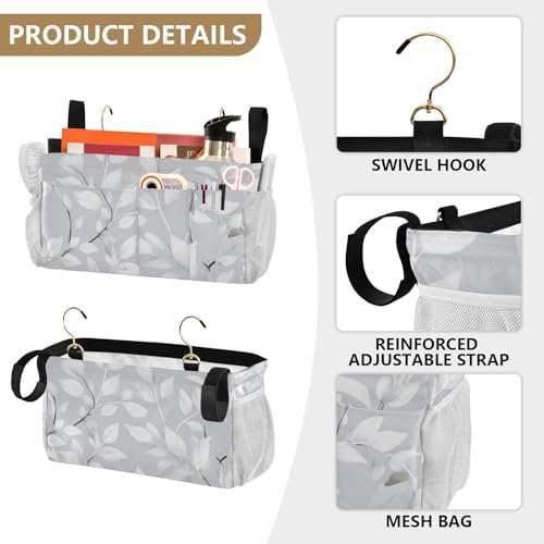Bedside Caddy Metal Frame Hanging Organizer Bunk Bed Dorm Accessories Hook And Loop Storage Bag Large Pockets Light Grey Leaves - color: Light Grey Leaves