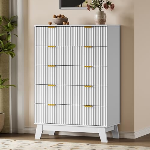 BORNOON 46" Tall Dresser for Bedroom, 6-Drawer Fluted Chest of Drawers, Modern Wood Highboy with Deep Storage, Metal Slides and Handles, Anti-Tip Kit, Vertical Clothes Organizer for Apartment, Nursery - color: Pure White, size: Tall 6-Drawer