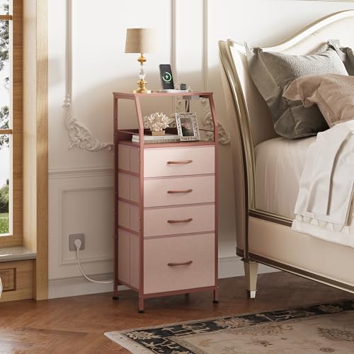 WLIVE 4 Drawer Dresser for Bedroom, 37" H Nightstand with Charging Station and Led Light, Tall Night Stand Bed Side Table, End Table with USB Ports and Outlets, Fabric Bins, Wood Shelf, Pink - color: Pink, size: 4 Drawers