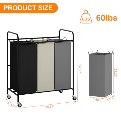 3 Section Laundry Hamper, 120L Large Rolling Laundry Sorter Cart, Laundry Basket with Lockable Wheels & Removable Bags, Laundry Room Organization for Dirty Clothes Storage - size: 3 Section Bags