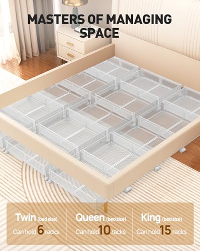 Under Bed Storage With Wheels - 60L Foldable Pattern Carved Metal Container, Rolling Underbed for Shoes, Clothes, Blankets - Easy Assembly - color: White, size: 1 Pack