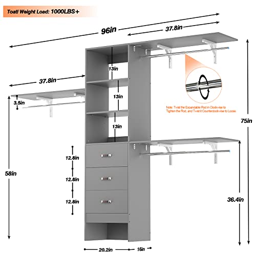 Armocity 96 Inches Closet System, 8FT Walk In Closet Organizer with 3 Shelving Towers, Heavy Duty Clothes Rack with 3 Drawers, Built-In Garment Rack, 96" L x 16" W x 75" H, Max Load 1000 LBS, Grey - color: Grey