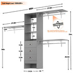 Armocity 96 Inches Closet System, 8FT Walk In Closet Organizer with 3 Shelving Towers, Heavy Duty Clothes Rack with 3 Drawers, Built-In Garment Rack, 96" L x 16" W x 75" H, Max Load 1000 LBS, Grey - color: Grey