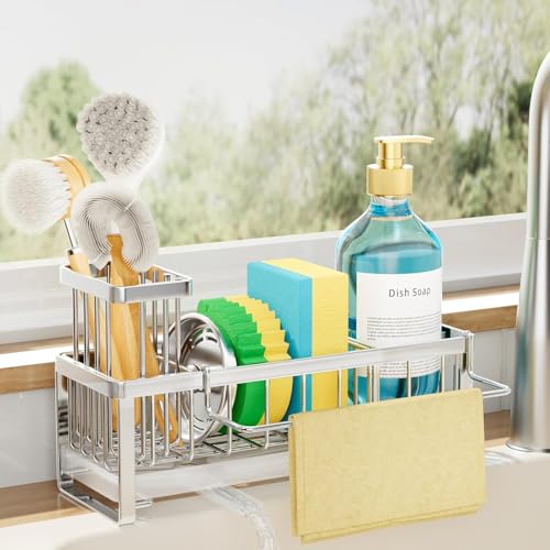 SWTYMIKI Sponge Holder for Kitchen Sink - Sink Caddy with Brush Holder Self-draining Sponge Caddy Organizer with Divider Stainless Steel Kitchen Accessories Storage for Countertop, Silver - color: Silver