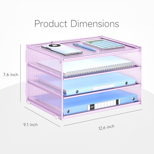 Lavatino 3-Tier Letter Tray Desk Organizer – Purple Mesh Metal Paper File Tray Organizer for Desk, Office Supplies & Home Organization | Fits A4/Letter Paper, Mail, Magazines and Office Accessories - color: 4-tier No Handle - Purple