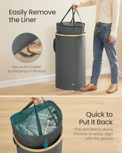 SONGMICS Laundry Hamper, Laundry Basket with Lid, 23.8 Gal. (90 L), with Removable Liner Bag, for Laundry Room, Bedroom, Living Room, Slate Gray and Light Bamboo ULCB547G01 - color: Slate Gray, size: 90 L (1-Section)