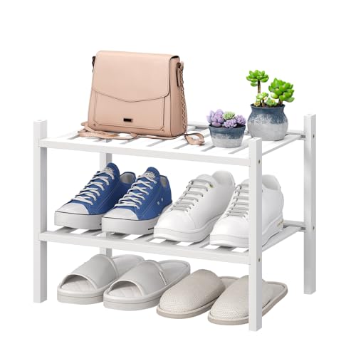 viewcare White Small Shoe Rack for Entryway,2-Tier Bamboo Shoe Organizer for Hallway Closet, Free Standing Shoe Racks for Indoor Outdoor - color: White, size: 2-Tier_Samll